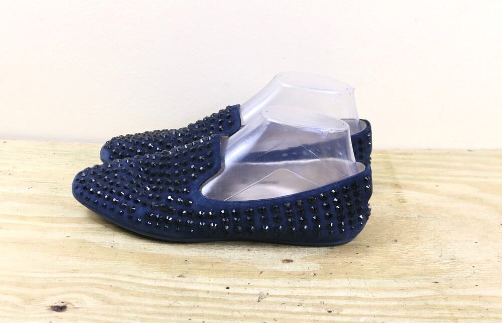 Jimmy Choo Loafers 38 Blue Suede Studded Black Rhinestone Flats Slip On Italy